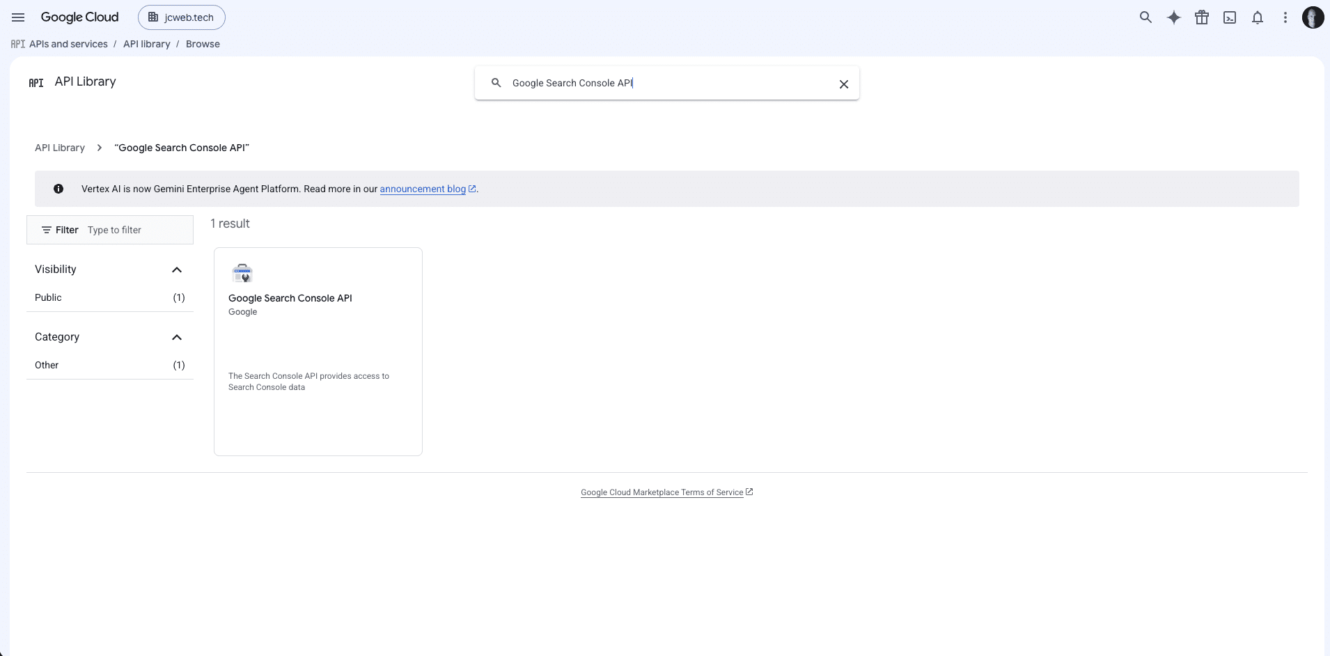 How to connect Google Search Console to Claude Code 1 The Cloud Console API Library search results for "Google Search Console API", returning a single public result card
