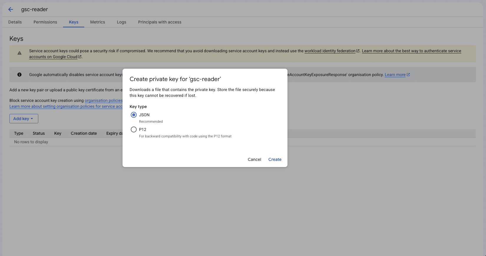 How to connect Google Search Console to Claude Code 4 The Keys tab of the gsc-reader service account with the Create private key dialog open and the JSON key type selected