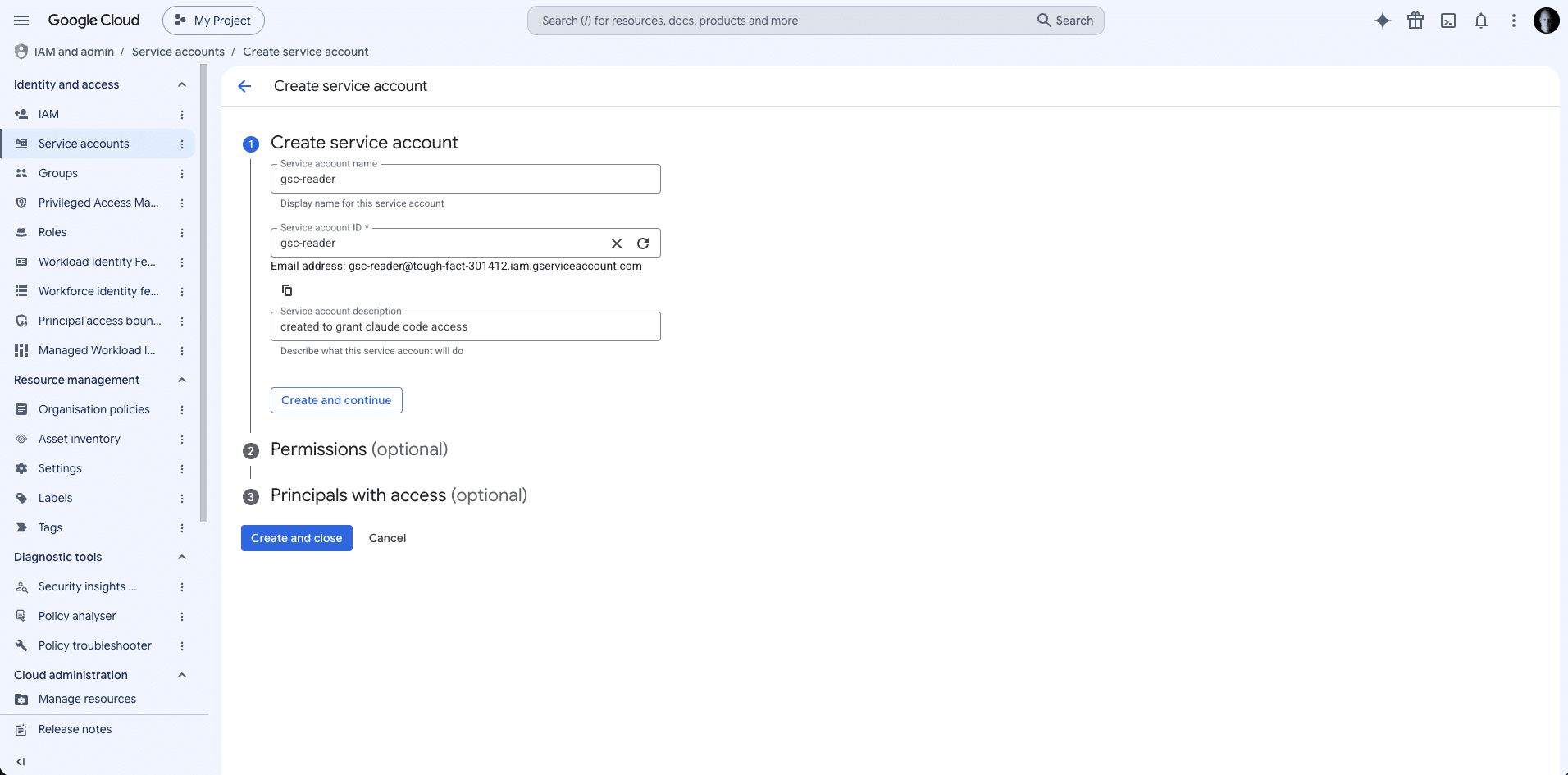 How to connect Google Search Console to Claude Code 3 The Create service account form filled in with the name gsc-reader and the generated service account email address below it