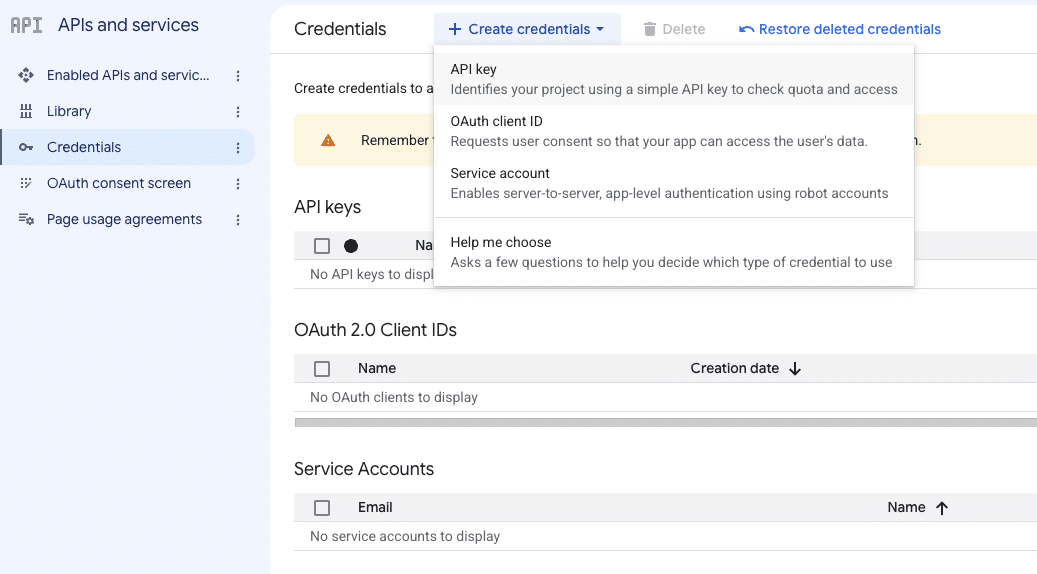 How to connect Google Search Console to Claude Code 2 The Credentials page with the Create credentials menu open, showing API key, OAuth client ID and Service account options