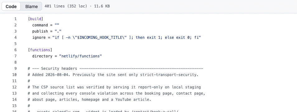 The netlify.toml file viewed on GitHub, showing the build block with an empty command, publish set to dot, and the ignore command, followed by a functions block