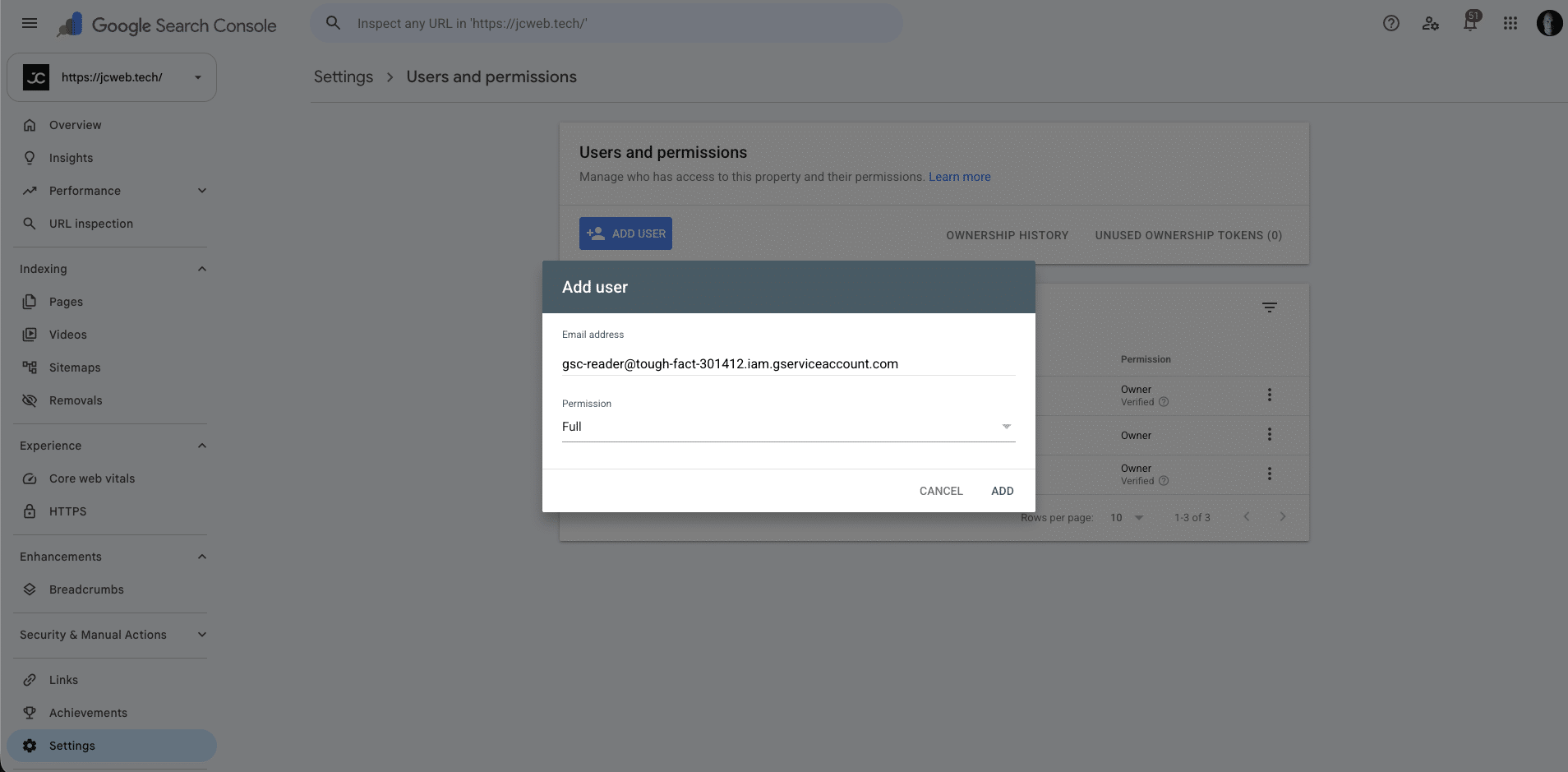 How to connect Google Search Console to Claude Code 5 The Search Console Add user dialog with the service account address pasted in and the permission set to Full