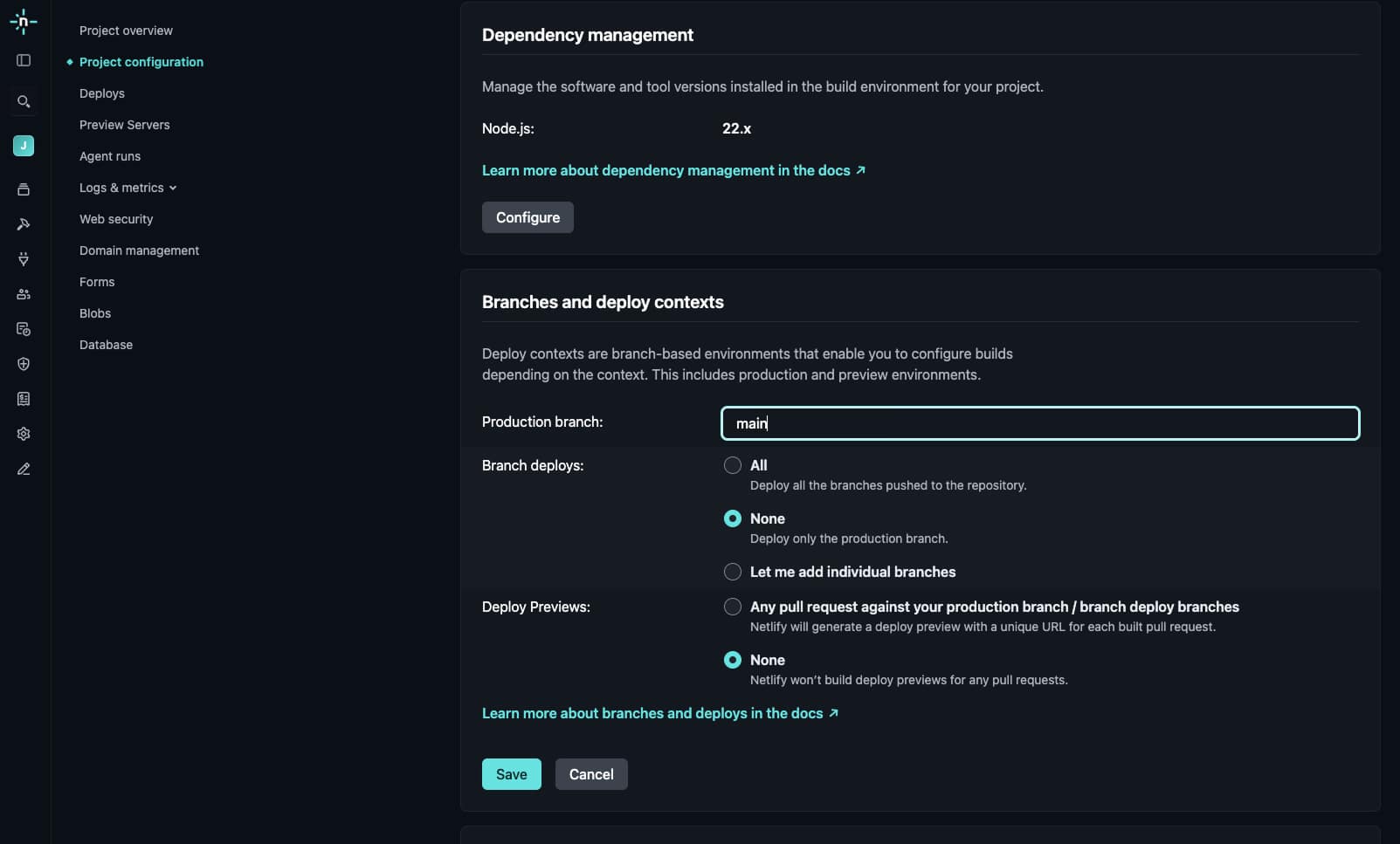 Netlify's Branches and deploy contexts panel with production branch set to main, branch deploys set to None, and deploy previews set to None