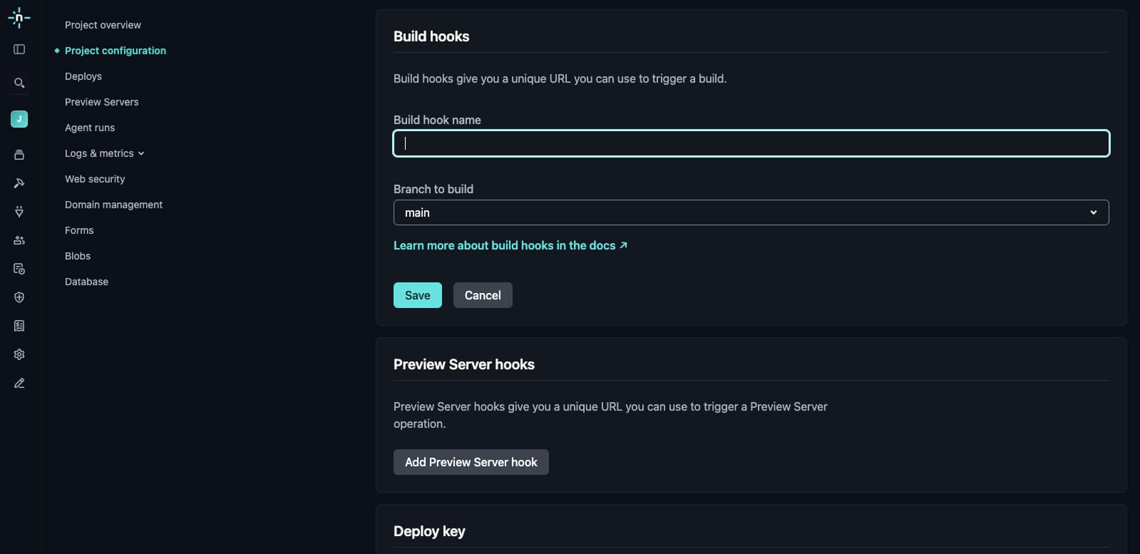 Netlify's Build hooks panel, showing the build hook name field and a "Branch to build" dropdown set to main
