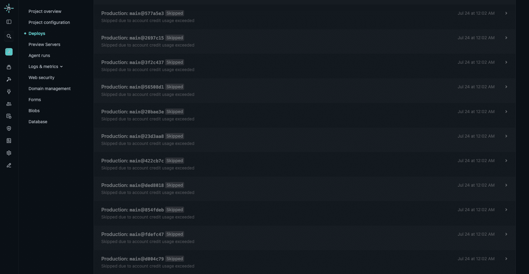 Netlify's deploy list showing a column of production deploys, each labelled Skipped with the reason "Skipped due to account credit usage exceeded", all timestamped within the same minute