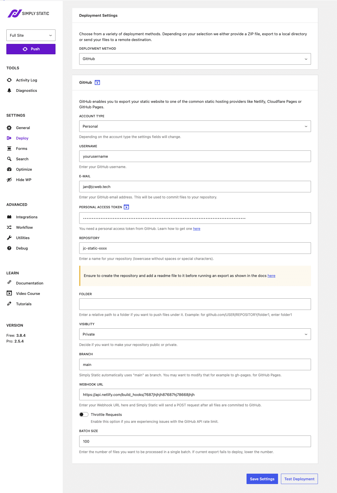 Simply Static's Deploy settings with deployment method set to GitHub, and fields for GitHub username, email, personal access token, repository, branch and webhook URL