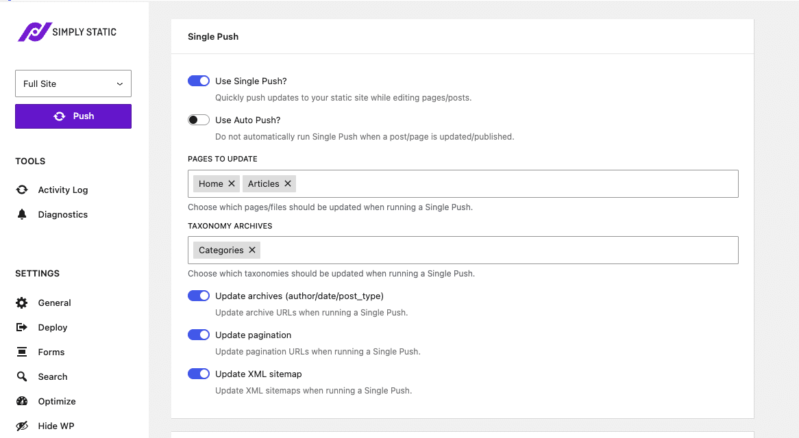 Simply Static's Single Push settings with "Use Single Push" on, "Use Auto Push" off, and toggles for updating archives, pagination and the XML sitemap