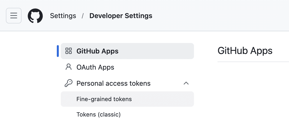 GitHub Developer Settings, with Personal access tokens expanded to show Fine-grained tokens and Tokens (classic)