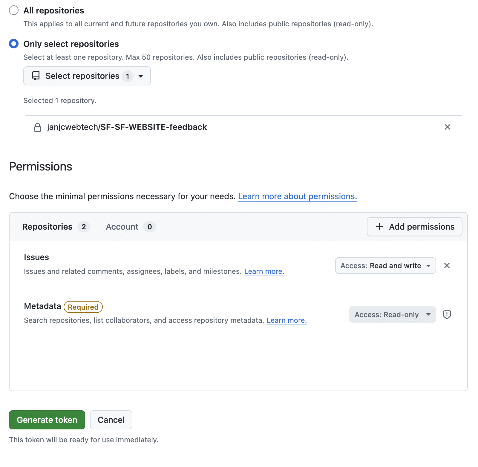 A fine-grained token limited to one feedback repository, with Issues set to Read and write and Metadata set to Read-only