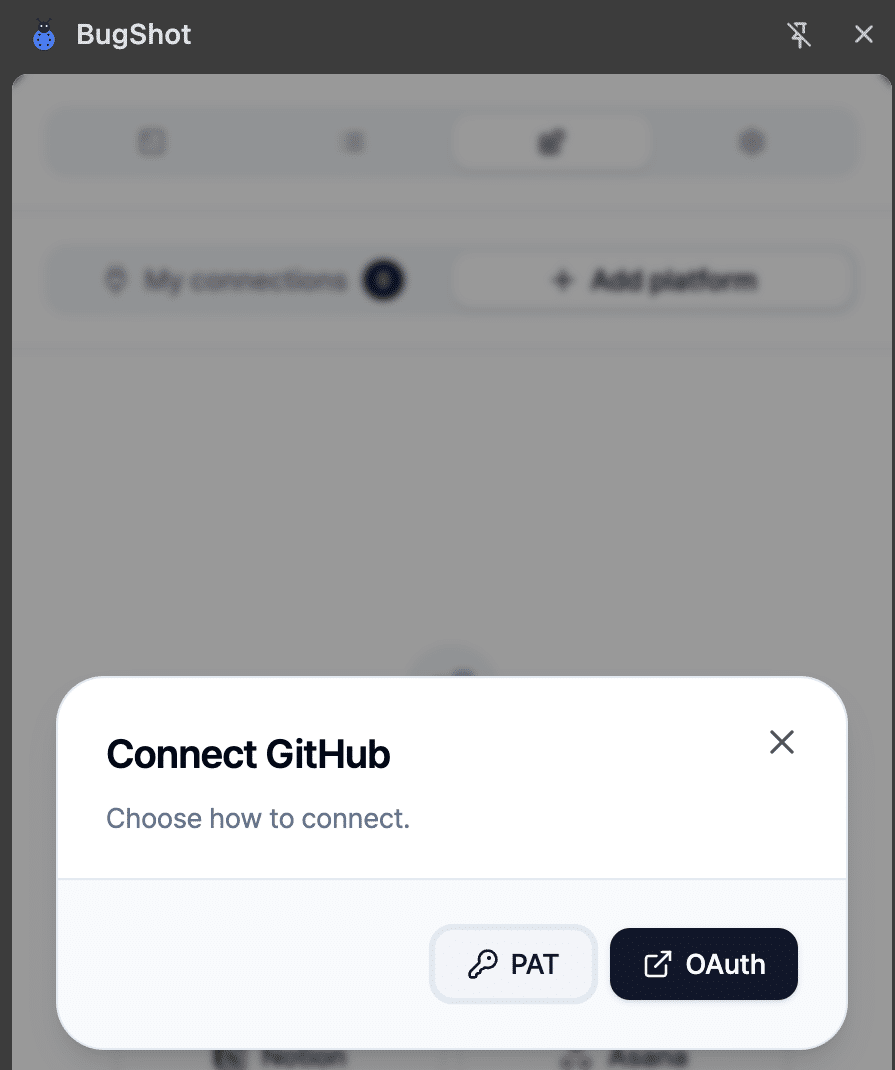 BugShot's Connect GitHub dialog offering two options, PAT and OAuth