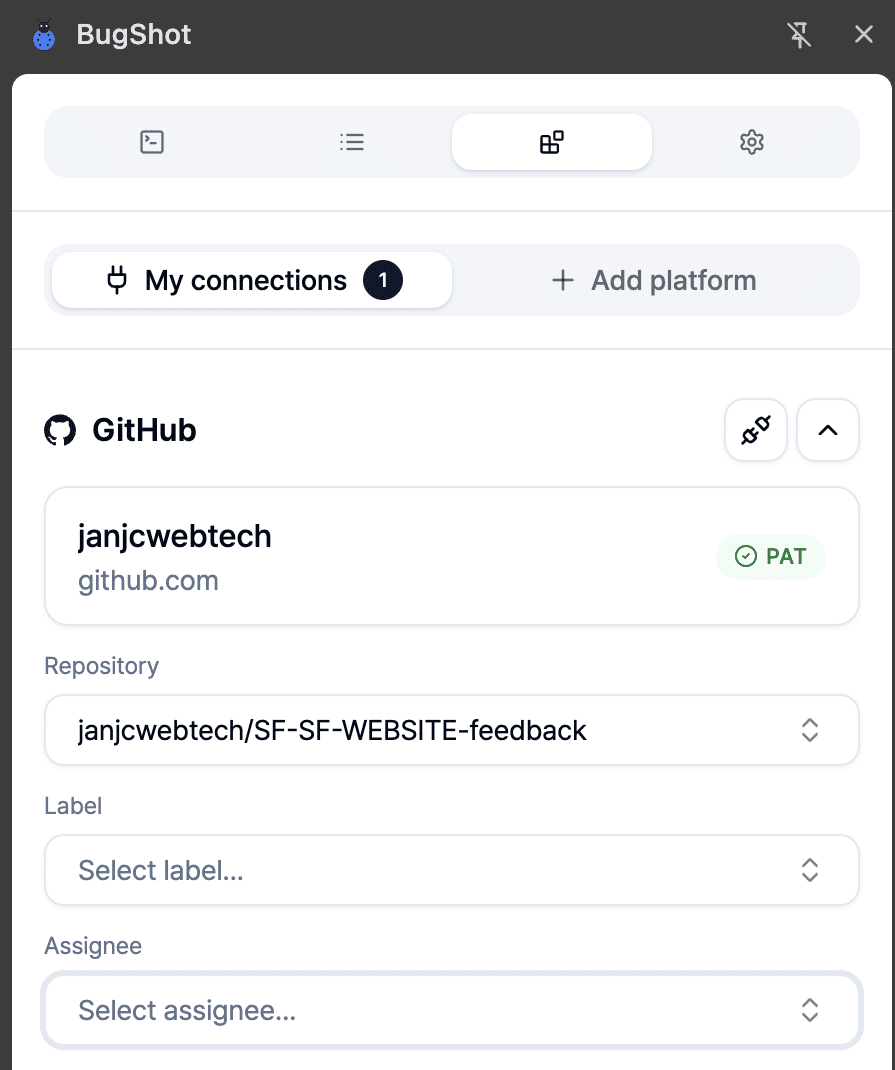 BugShot connected to GitHub with a token, with the feedback repository selected as the default repository