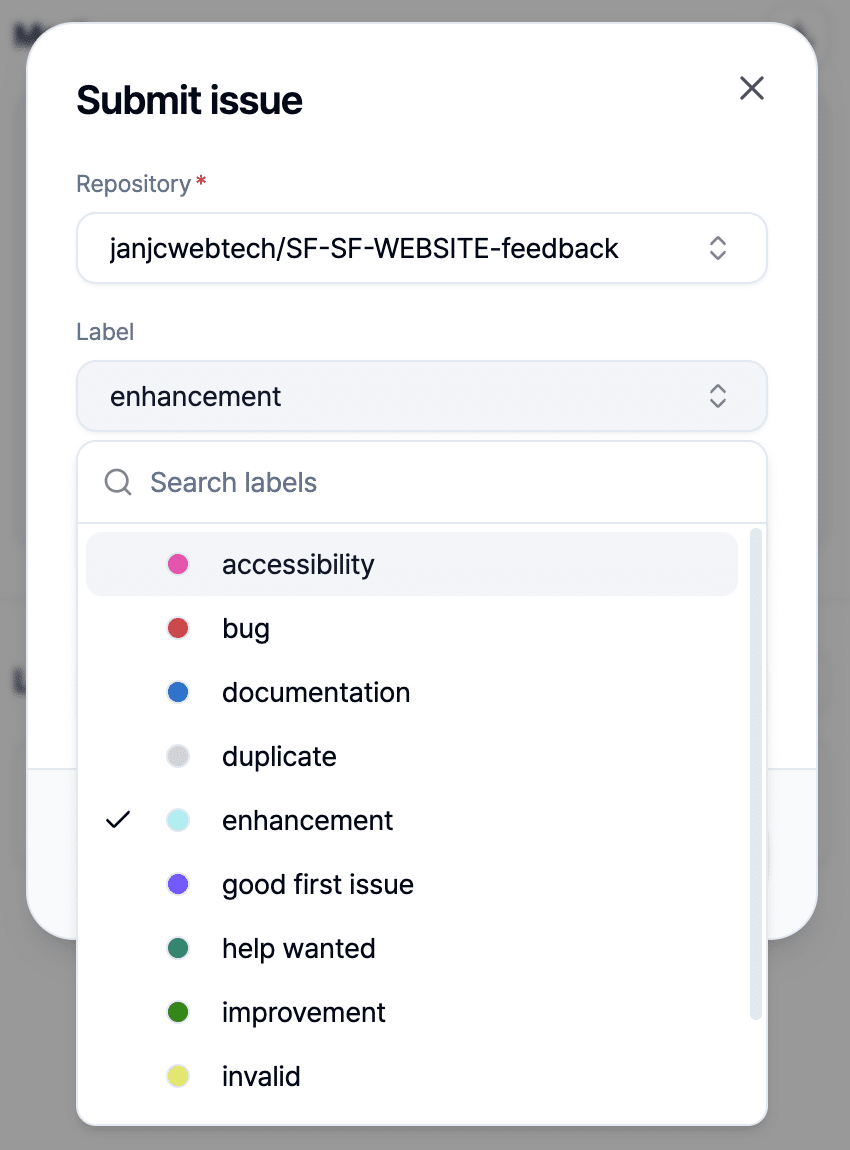 BugShot's Submit issue dialog, with the feedback repository selected and the label list open