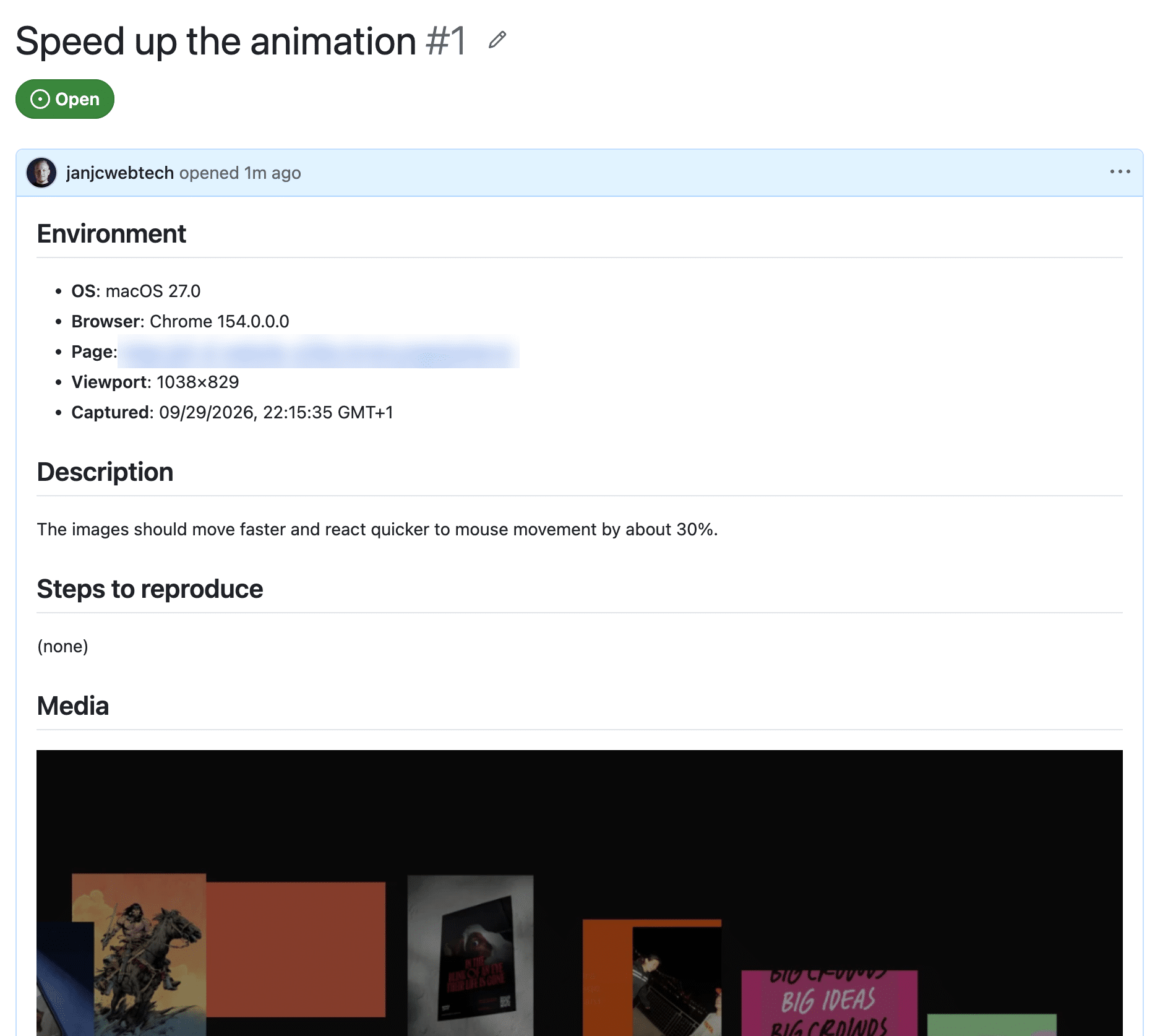 The resulting GitHub issue, "Speed up the animation #1", with Environment, Description, Steps to reproduce and Media sections