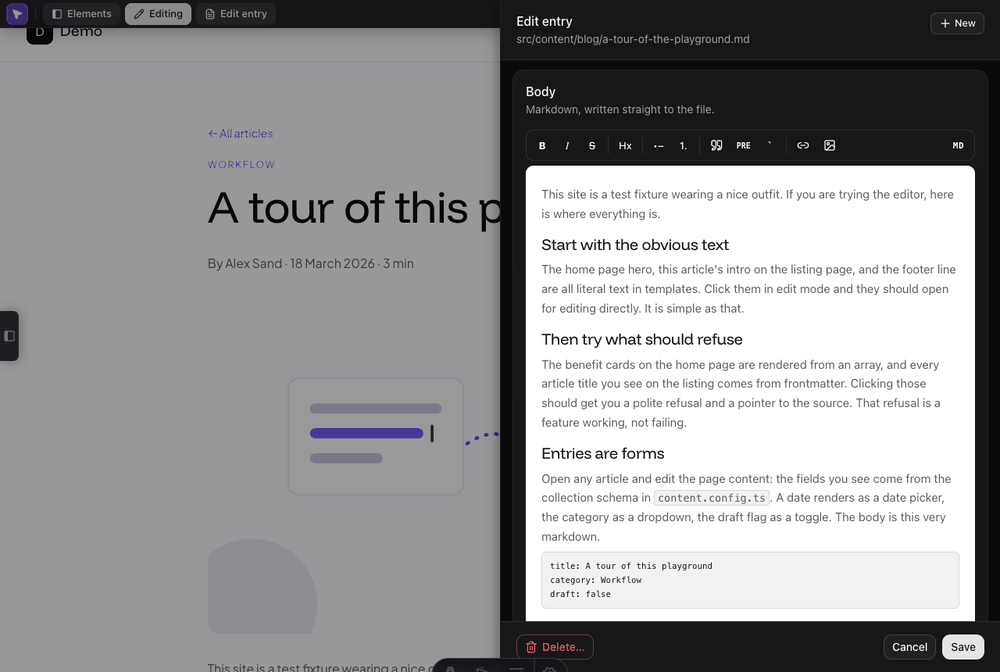 The body field of the entry drawer showing a formatting toolbar above rendered headings, paragraphs and a code block