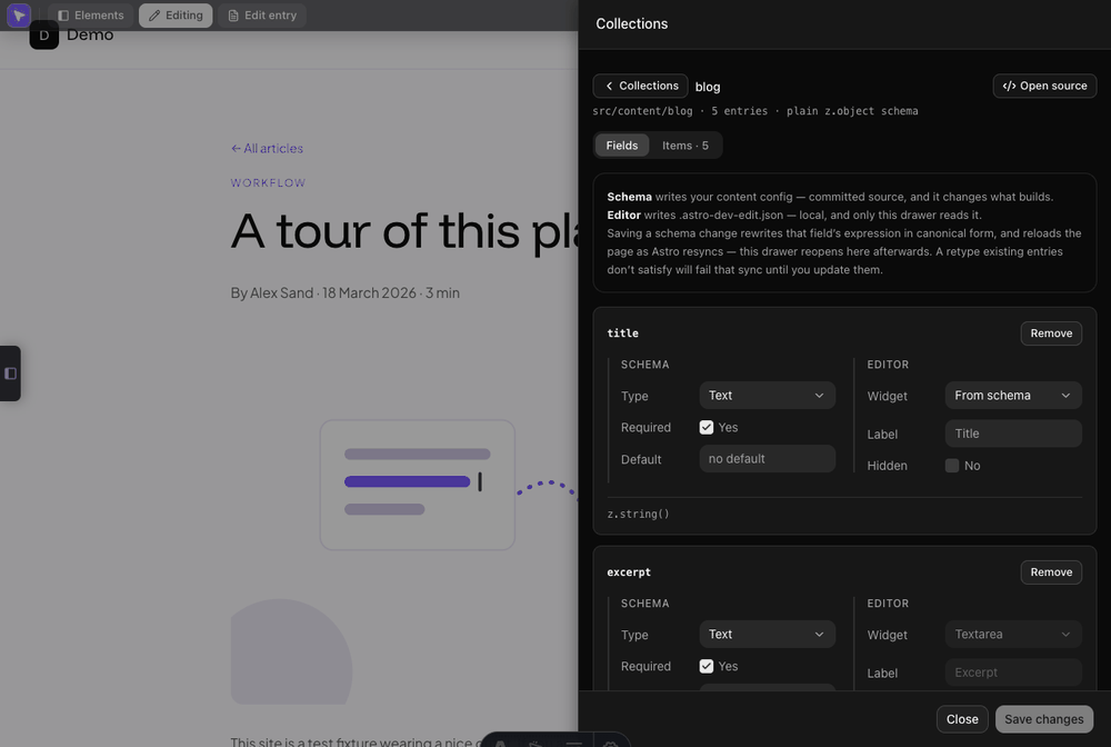 The collection designer showing the blog collection's title field, split into a Schema group with type, required and default, and an Editor group with widget, label and hidden
