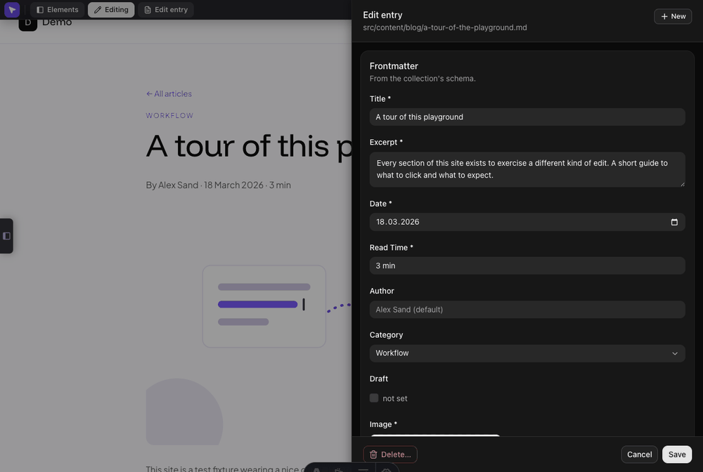 The entry drawer showing title, excerpt, date, read time, author, category, draft and image fields for a markdown entry