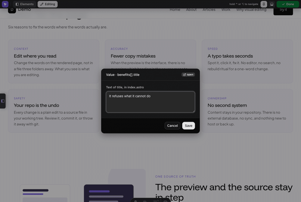 An edit popup titled Value, naming the frontmatter field it traced the text back to, showing the text of a card heading and the file it lives in