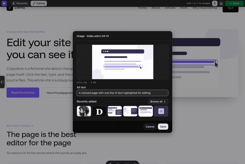 An image panel showing a preview, the file name and size, an alt text input, and a strip of recently added images