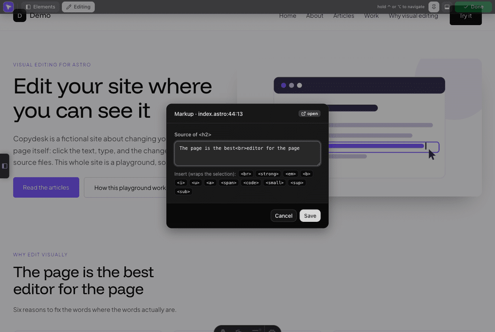 A markup popup showing the raw source of an h2 containing a br tag, above a row of insertable inline tags