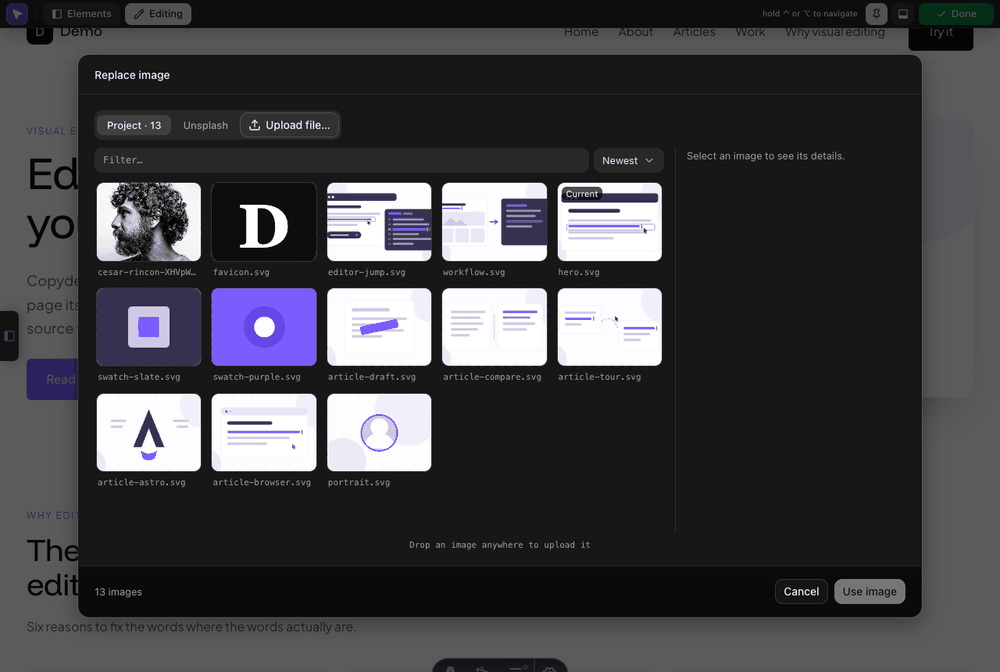 The Replace image dialog on the Project tab, showing thumbnails of thirteen project images with a filter field and an Upload file button