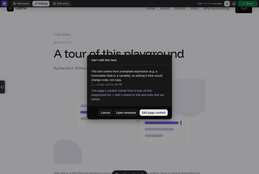 A notice reading Can't edit this here, explaining the text comes from a template expression, with the source location and Open template and Edit page content buttons