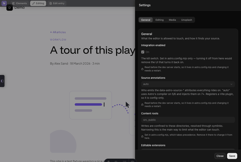 The Settings drawer with General, Editing, Media and Unsplash tabs, showing controls for integration enabled, source annotations, content roots and editable extensions