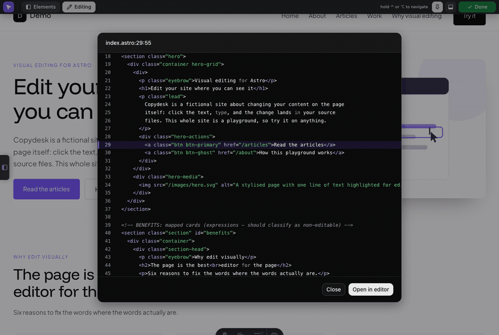 A source peek showing syntax-highlighted Astro source with line numbers and the element's own line focused, above Close and Open in editor buttons